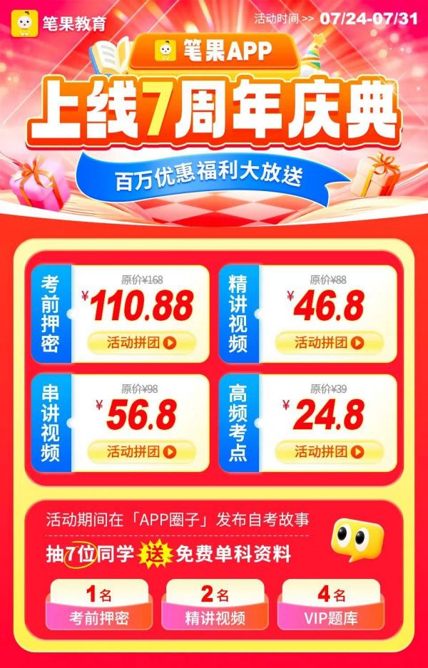 自考笔果题库APP上线7周年，超多福利好city啊！